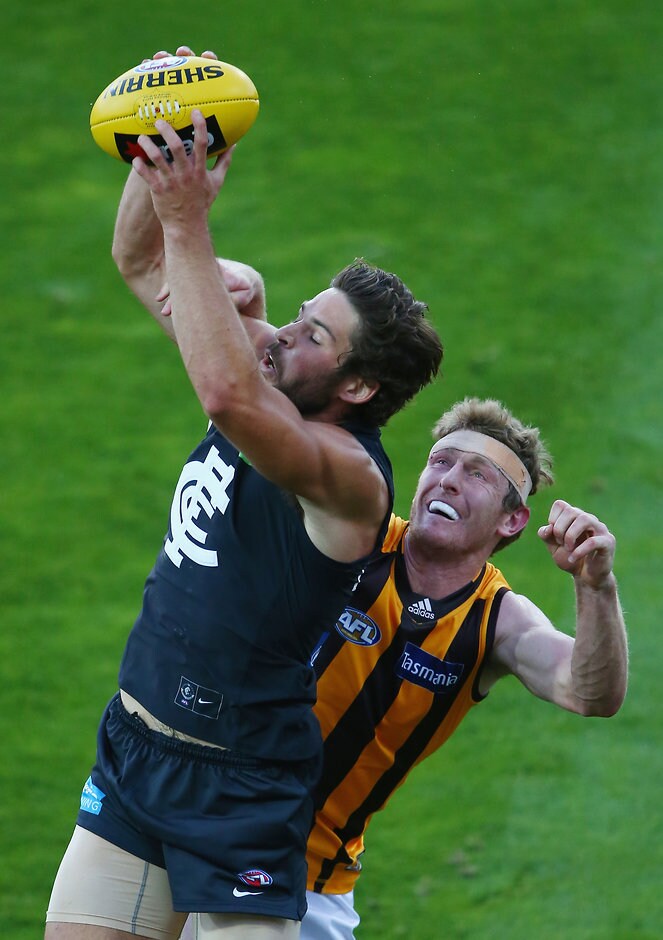 AFL 2016 NAB Challenge - Hawthorn v Carlton LAUNCESTON, AUSTRALIA - FEBRUARY 18: Levi Casboult of the Blues marks the ball during the 2016 AFL NAB Challenge match between the Hawthorn Hawks and the Carlton Blues at Aurora Stadium on February 18, 2016 in Launceston, Australia. (Photo by Robert Cianflone/Getty Images/AFL Media)